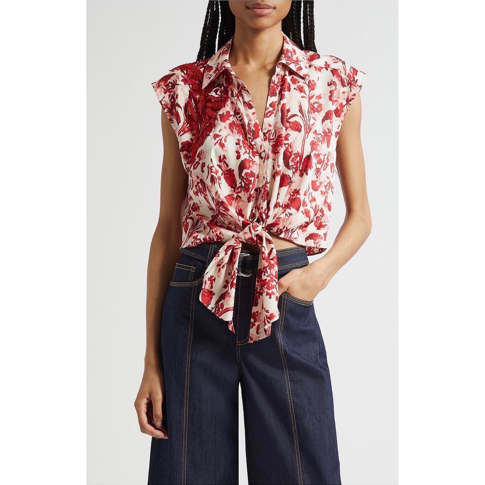Cinq à Sept Mari Floral Ribbons Sleeveless Blouse Beaded Silk Blend Tie Front